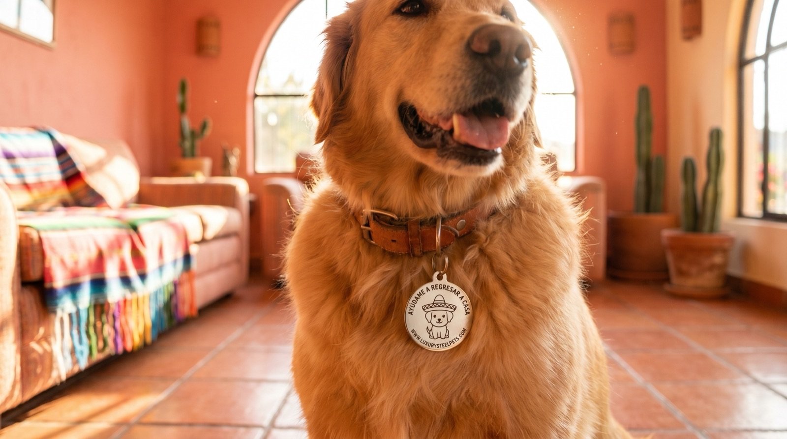 Golden retriever con placa NFC en hogar mexicano